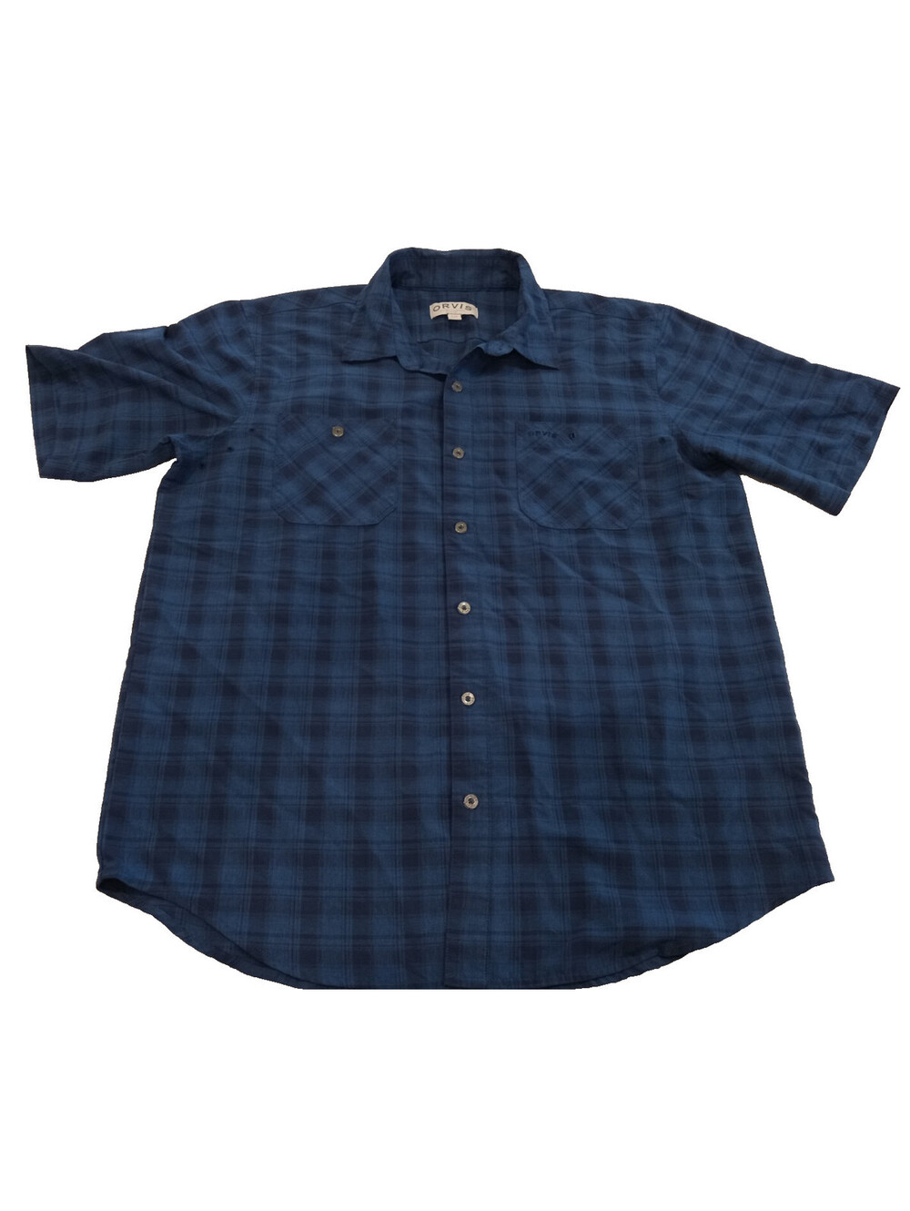 Orvis Shirt Mens Large Blue Plaid Short Sleeve Button Down Dual Pocket Stretch L